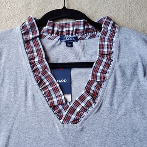 NWT Izod 3/4 Sleeve Top Plaid Ruffle Collar L